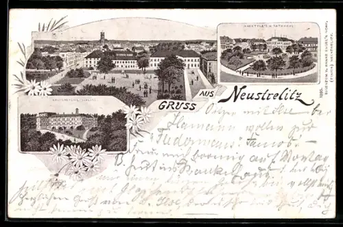 Lithographie Neustrelitz, Ortspartie, Marktplatz mit Rathaus, Grossherzogliches Schloss