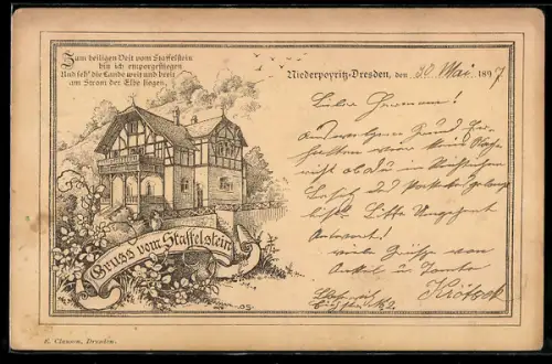 Lithographie Dresden-Niederpoyritz, Berggasthaus Staffelstein in der Aussenansicht