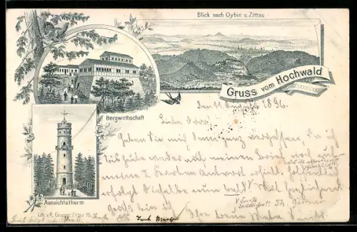 Lithographie Oybin, Totalansicht mit Zittau, Bergwirtschaft und Aussichstturm im Hochwald