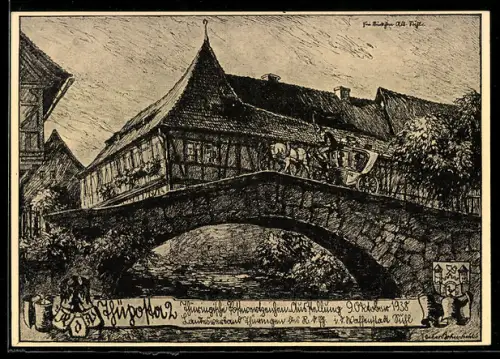 Künstler-AK Suhl, Thüposta 2, Thüringische Postwertzeichen-Ausstellung 1938