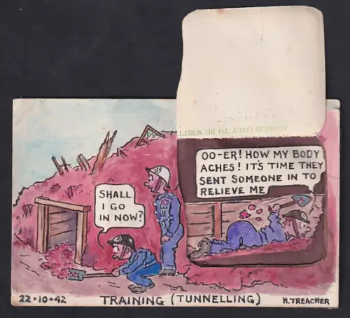 Klapp-AK Britische Soldaten beim Graben von Tunnel, 1942, signiert H. Treacher