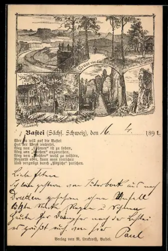 Vorläufer-Künstler-Vorläufer-AK sign. R. Loeszk: Bastei /Sächs. Schweiz, 1892, Panorama, Bastei-Felsen, Bastei-Brücke