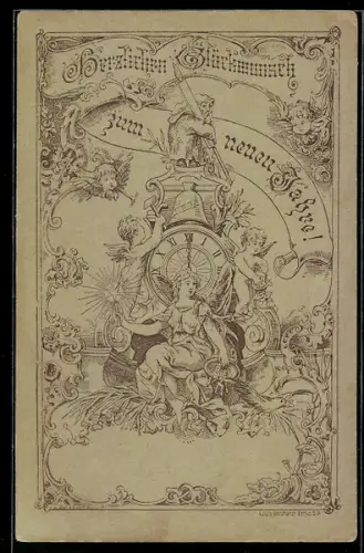 Vorläufer-AK Neujahrsgruss, 1888, Putten mit Uhr um Mitternacht, Ganzsache Private Stadtpost
