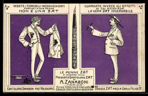 AK Torino, A. Zanaboni, Le Penne Zat si vendono nelle premiate cartolerie, Reklame für Federhalter