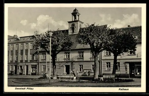 AK Pillau, Rathaus neben Drogerei und Adler-Apotheke