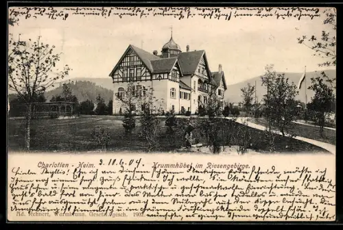 AK Krummhübel im Riesengebirge, Charlotten-Heim, Aussenansicht mit Gartenanlage