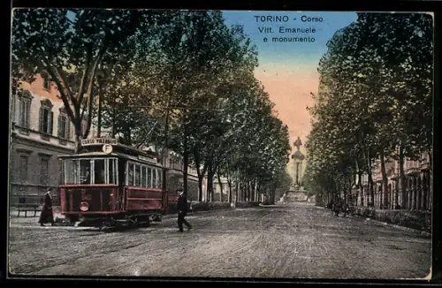 AK Torino, Corso Vitt. Emanuele e monumento, Strassenbahn