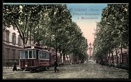 AK Torino, Corso Vittorio Emanuele e Monumento, Strassenbahn
