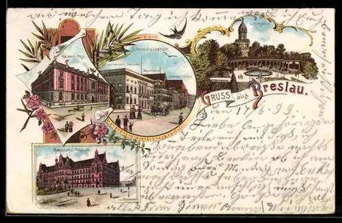 Lithographie Breslau, Schweidnitzerstrasse, Liebichshöhe, Regierungs-Gebäude