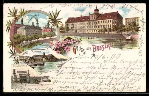 Lithographie Breslau, Universität, Oberlandes-Gericht, Sandkirche und Oberschles. Bahnhof