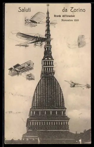 AK Torinino, Ricordo dell`Aviazone, Flugzeuge um die Kirche