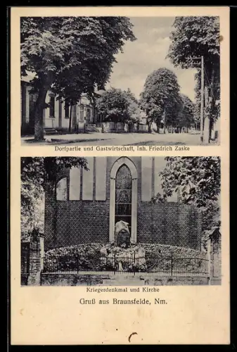 AK Braunsfelde /Nm., Kriegerdenkmal, Kirche, Dorfpartie und Gasthaus von Friedrich Zaske
