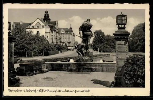 AK Minden i. W., Anlagen mit Denkmal vor den Stadtvillen