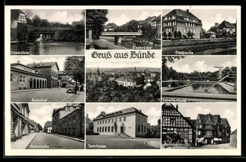 AK Bünde i. Westf., Elsebrücke, Elsemühle, Bahnhof, Eschstrasse, Sparkasse, Schwimmbad