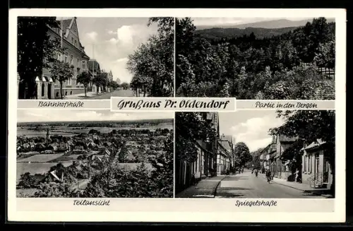 AK Pr. Oldendorf, Partie in der Bahnhofstrasse, Teilansicht aus der Vogelschau und Spiegelstrasse