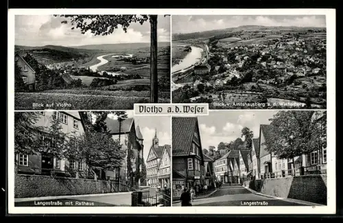 AK Vlotho a. d. Weser, Langestrasse m. Rathaus, Blick v. Amtshausberg a. d. Winterberg, Stadtblick