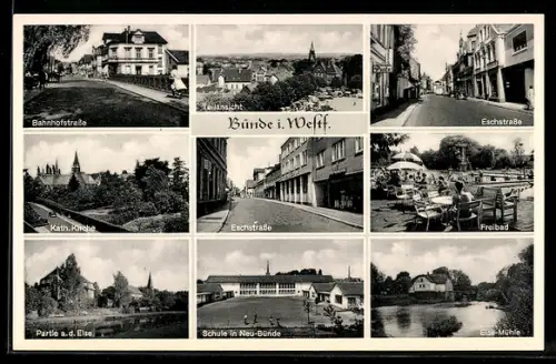 AK Bünde i. Westf., Teilansicht der Stadt, in der Bahnhofstrasse, die kath. Kirche, Blick in die Eschstrasse, Mühle