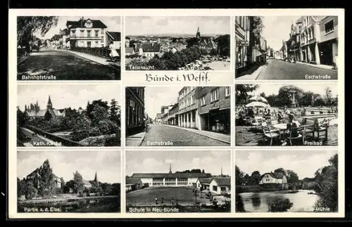 AK Bünde i. Westf., Teilansicht der Stadt, in der Bahnhofstrasse, die kath. Kirche, Blick in die Eschstrasse, Mühle