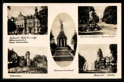 AK Detmold, Hotel Kaiserhof, Hermannsdenkmal und Detmold-Schloss