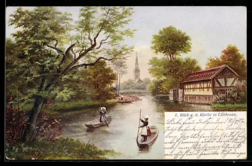 AK Lübbenau, Blick auf die Kirche, Spreewaldkähne