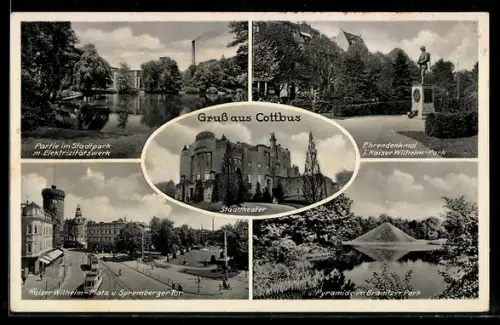 AK Cottbus, Kaiser-Wilhelm-Platz mit Spremberger Tor, Pyramide, Stadttheater