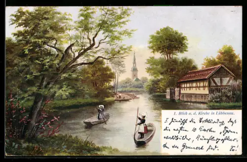 AK Lübbenau, Blick auf die Kirche, Spreewaldkähne