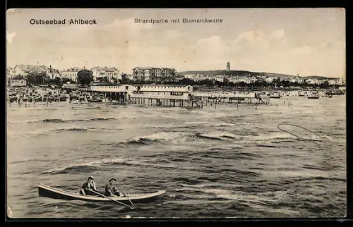 AK Ahlbeck, Strandpartie mit Bismarckwarte und Ruderboot