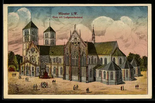 Künstler-AK Münster i. W., Dom mit Ludgerusdenkmal