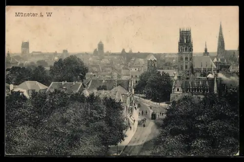 AK Münster i. W., Teilansicht mit Kirchtürmen aus der Vogelschau
