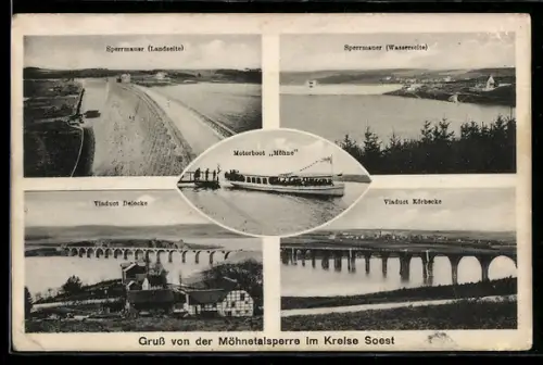 AK Soest, Sperrmauer der Möhnetalsperre, Viaduct Körbecke und Motorboot Möhne