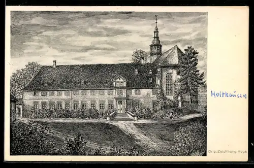 Künstler-AK Büren i. W., Gut Holthausen, Aussenansicht mit Gartenanlage