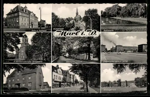 AK Marl i. W., Amts- und Rathaus, Volkspark und Chemische Werke