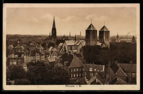AK Münster i. W., Teilansicht mit Kirche aus der Vogelschau