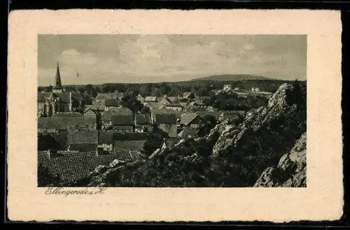 AK Elbingerode i. H., Ortsansicht mit Kirche und Felsen