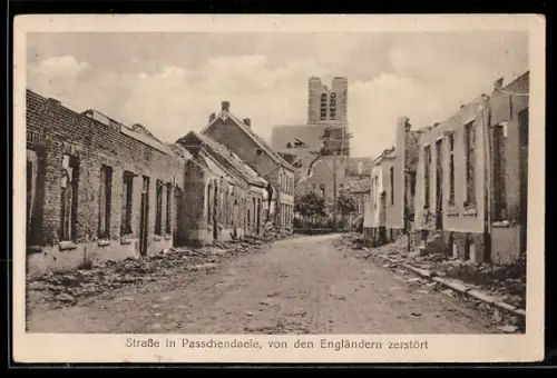 AK Passchendaele, Ortspartie mit zerstörten Häusern