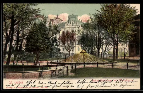 AK St Gallen, Bahnhofplatz mit Springbrunnen