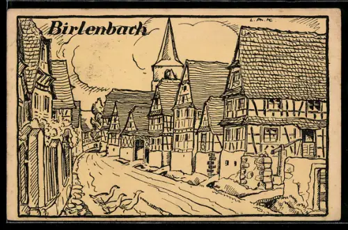Künstler-AK Birlenbach, Fachwerkstrasse mit Kirche und Gänsen