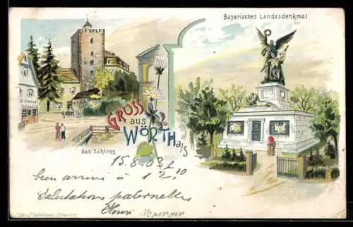 Lithographie Wörth a. Sauer, Bayerisches Landesdenkmal, Schloss