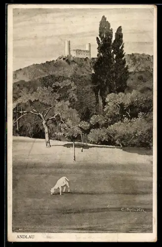 Künstler-AK sign. C. Spindler: Andlau, Burg auf dem Hügel mit weidendem Tier im Vordergrund