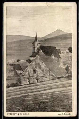 Künstler-AK sign. C. Spindler: Ottrott, St. Odile, Kirche und Ortsansicht