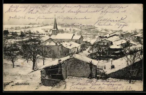 AK Nantillois, Dorfansicht mit Kirche im Schnee
