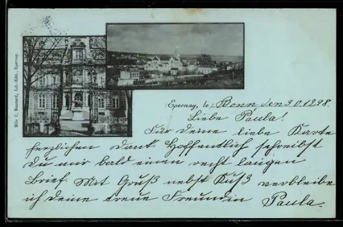 AK Epernay, Zwei Ansichten, Gebäude und Stadtpanorama