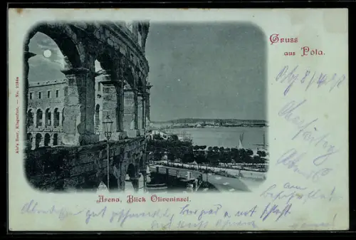 Mondschein-AK Pola, Arena, Blick Oliveninsel
