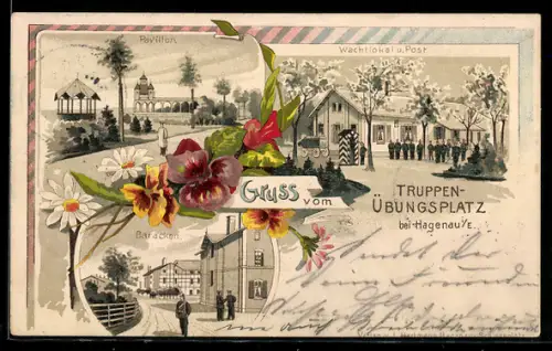 Lithographie Haguenau /E., Truppenübungsplatz, Pavillon