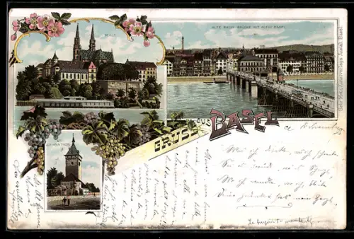 Lithographie Basel, Pfalz, Alte Rhein-Brücke mit Klein-Basel und St. Johannthor