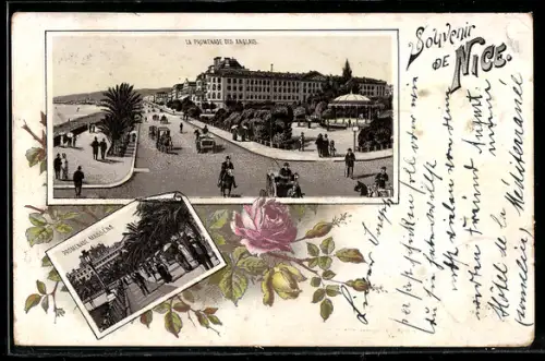 Lithographie Nice, La Promenade des Anglaism, Promenade Massena