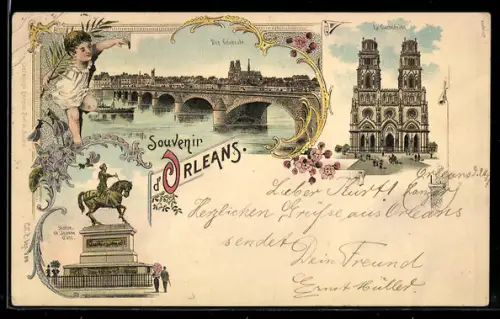 Lithographie Orléans, Vue générale, La Cathédrale, Statue de Jeanne d`Arc