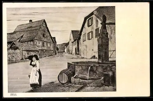 AK Zell, Dorfstrasse mit Brunnen und Frau in Tracht