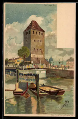 AK Finkweiler, Turm am Ufer mit Booten