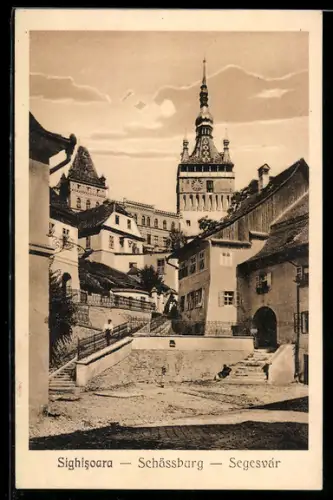AK Sighisoara, Ortspartie mit Kirche
